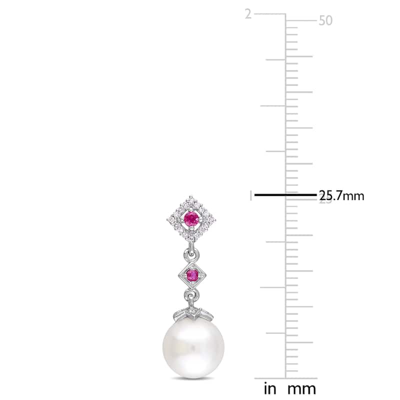 Miadora 10k White Gold Freshwater Cultured Pearl Ruby and 1/10ct TDW Diamond Graduated Drop Earrings (8.5-9 mm) - Red