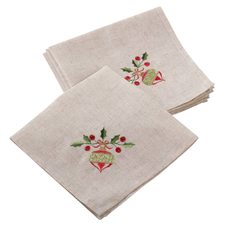 Embroidered Ornament Design Christmas Holiday Linen Blend Napkin - Set of 4