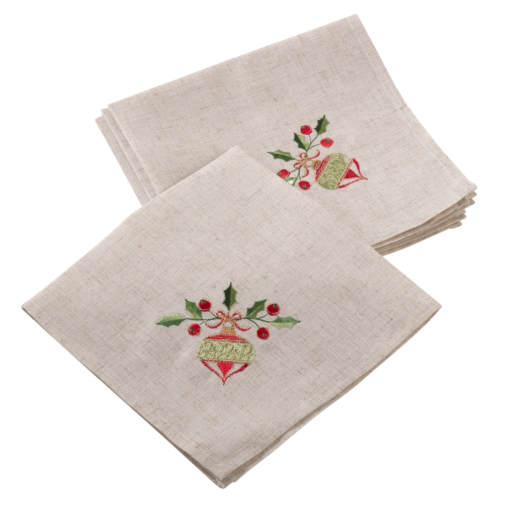 Embroidered Ornament Design Christmas Holiday Linen Blend Napkin - Set of 4