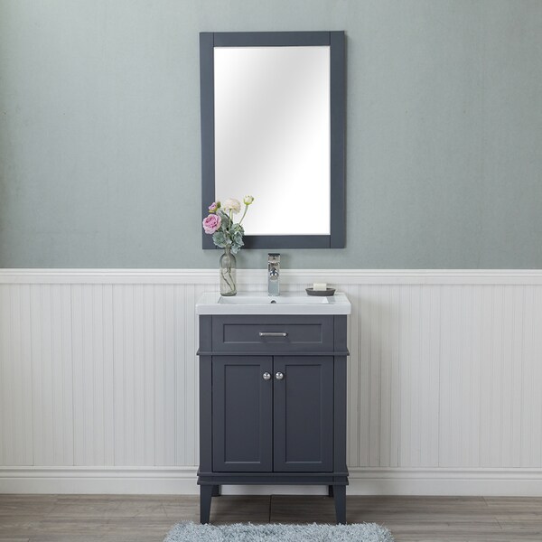 Alya Bath Lancaster Grey Ceramic, Wood, and Chrome 24-inch Single-hole Single-sink Bathroom Vanity With Porcelain Top