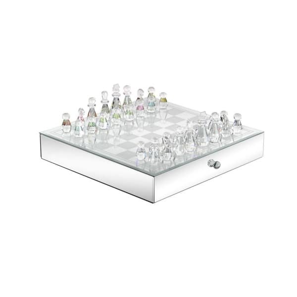 15 Black and Frosted Glass Chess Set with Mirror Board