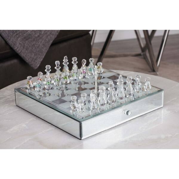 15 Black and Frosted Glass Chess Set with Mirror Board