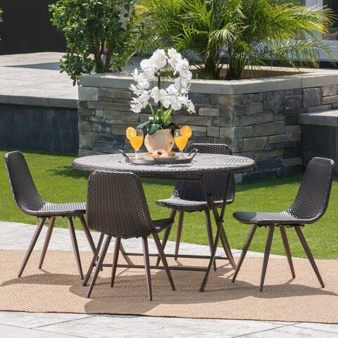 Jude Outdoor 5-Piece Round Foldable Wicker Dining Set with Umbrella Hole by Christopher Knight Home