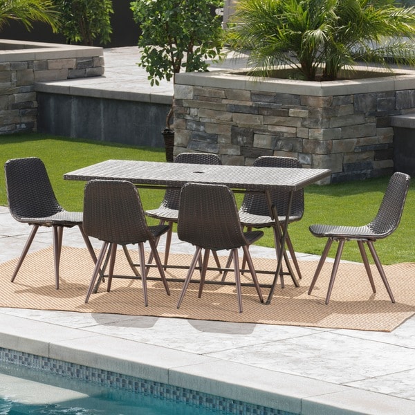 Lrya Outdoor 7-Piece Rectangle Foldable Wicker Dining Set with Umbrella
