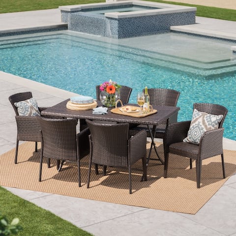 Kylon Outdoor 7-Piece Rectangle Foldable Wicker Dining Set with Umbrella Hole by Christopher Knight Home