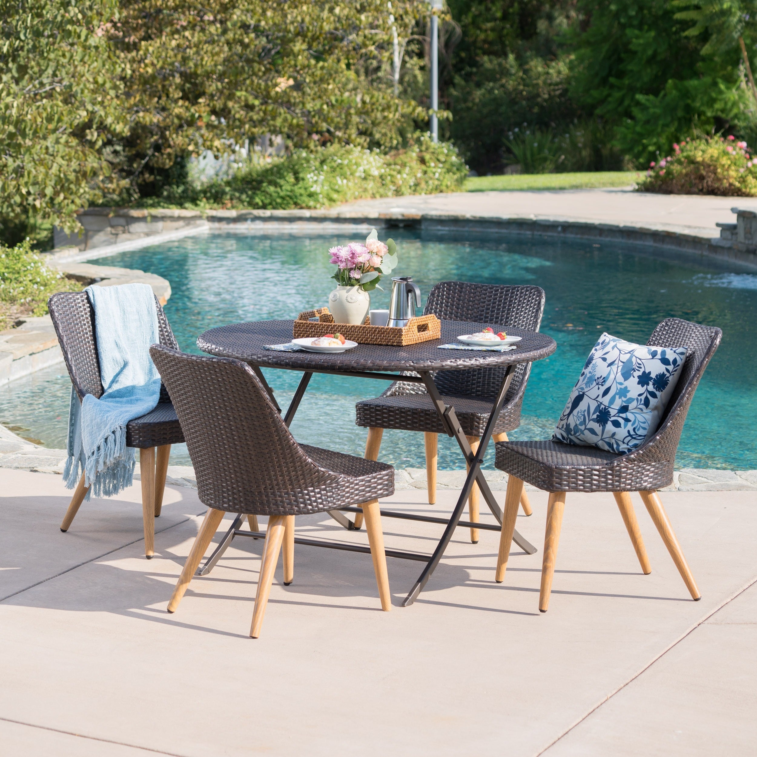 Opal Outdoor 5-Piece Round Foldable Wicker Dining Set with Umbrella Hole by  Christopher Knight Home