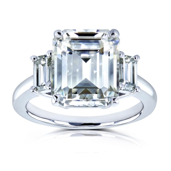 Annello by Kobelli 14k White Gold 5 1/2 Carat TGW Three Stone Emerald Cut Moissanite Statement Engagement Ring. Opens flyout.