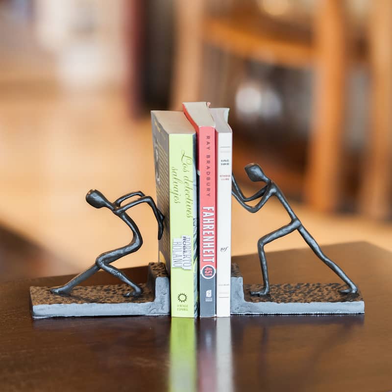 Men Pushing Metal Bookend Set
