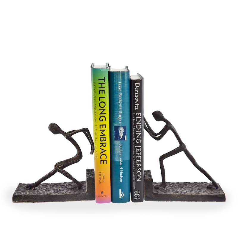 Men Pushing Metal Bookend Set