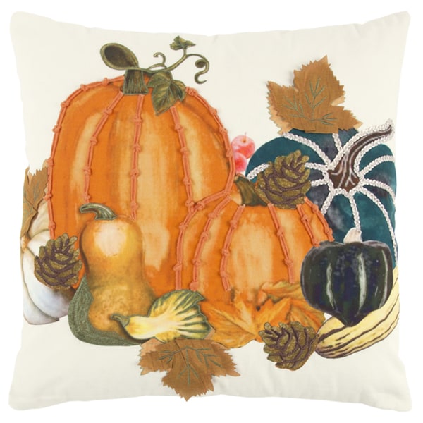 Rizzy Home 20 x 20 inch Fall Harvest Ivory/Orange Pumpkins Decorative Throw Pillow