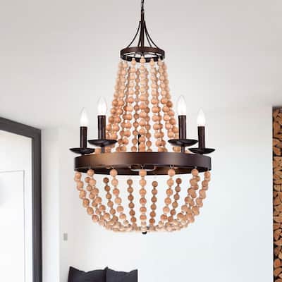 Crelimen 5-Light 22-Inch Wood Antique Bronze Pendant