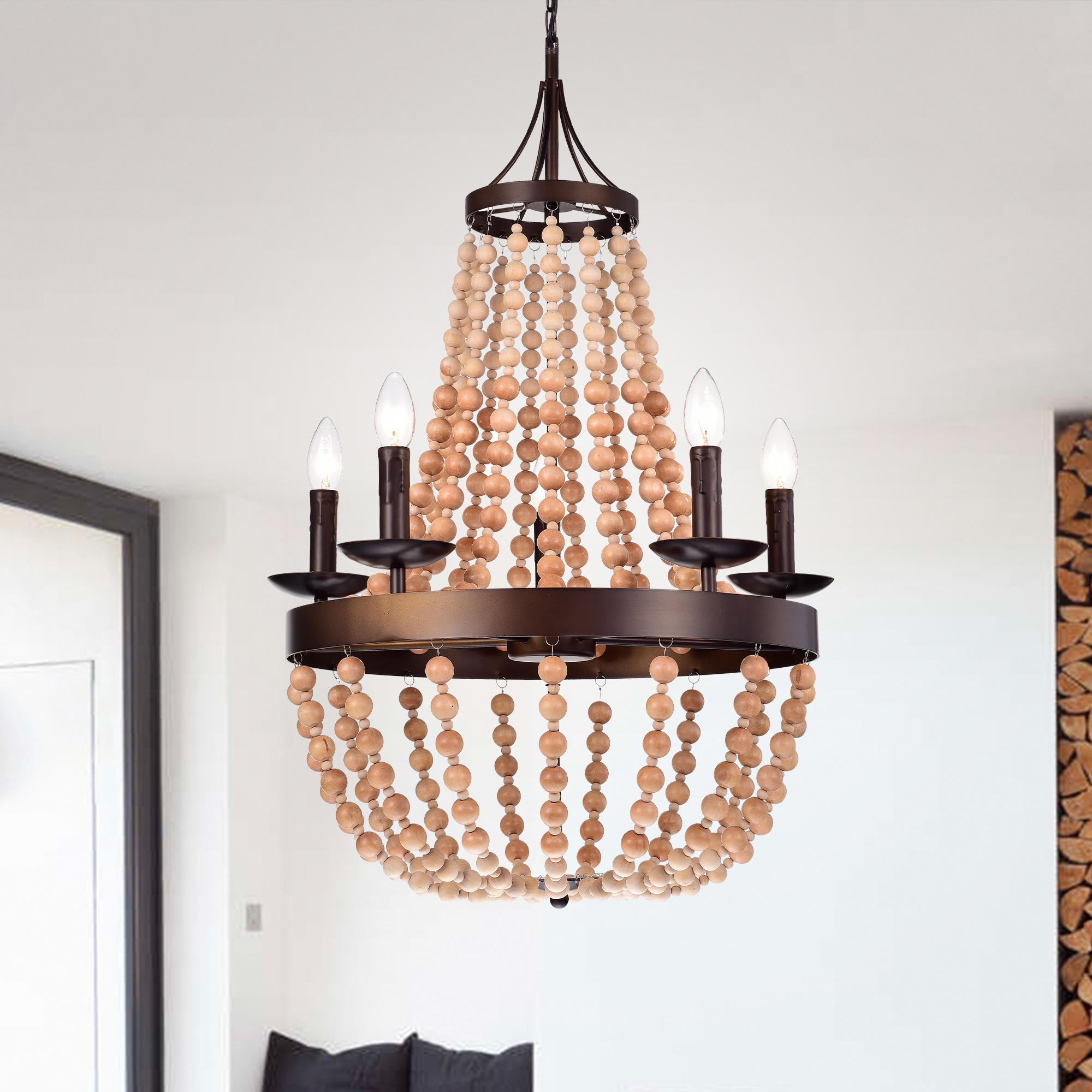Warehouse of Tiffany Crelimen 5-Light 22-Inch Wood Antique Bronze Pendant