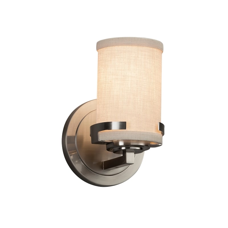 Justice Design Textile Atlas 1-light Brushed Nickel Wall Sconce, Cream Cylinder - Flat Rim Shade