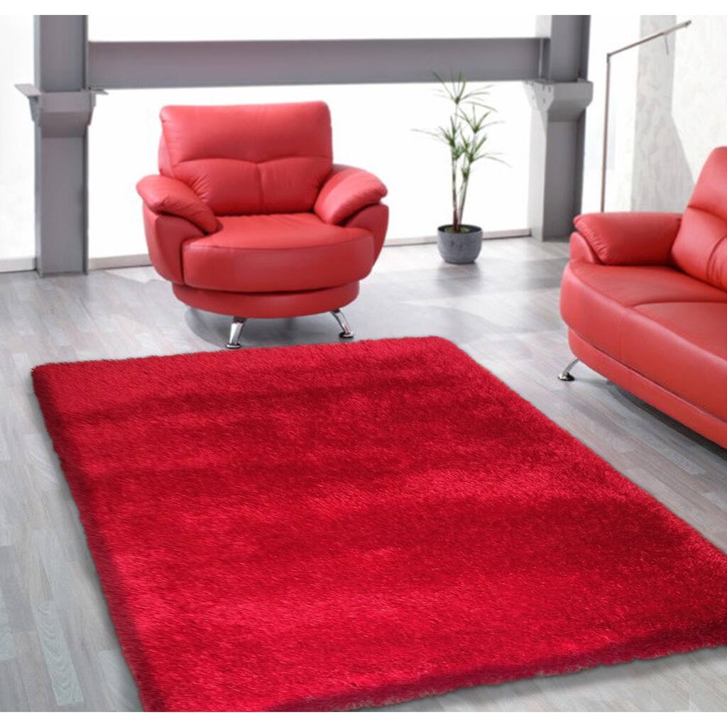 Red Shag Area Rug Two Inch Pile Thick with Cotton Backing - 5' x 7'