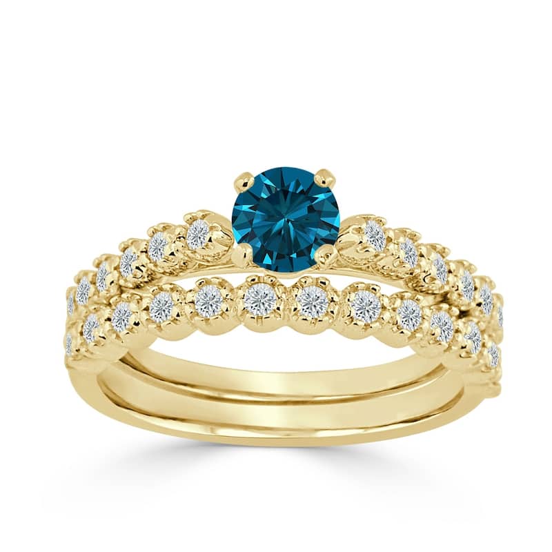 Auriya Round 3/4ctw Blue Diamond Engagement Ring Set 14k Gold