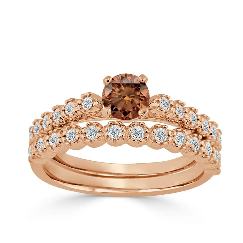 Auriya Round 3/4ct TDW Brown Diamond Engagement Ring Set 14k Gold