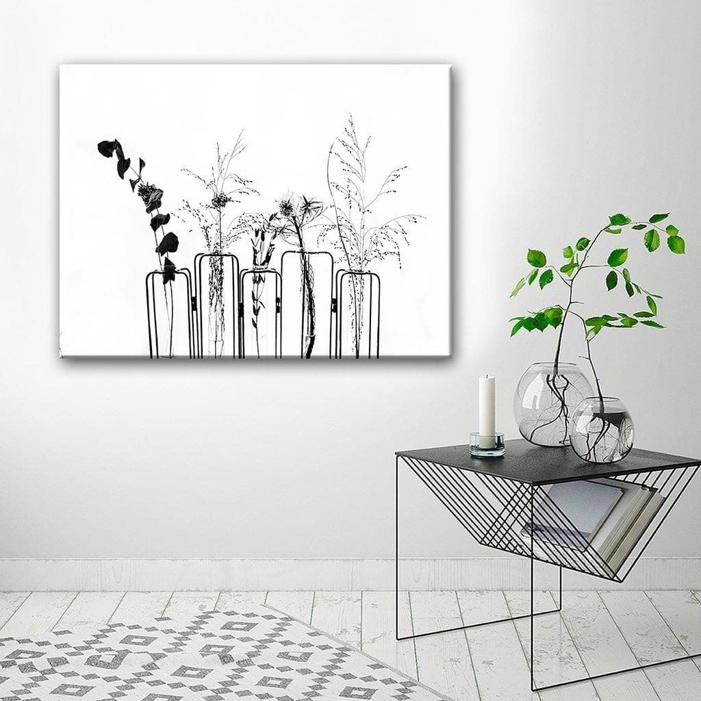 Black Flowers on White Background' Floral Wrapped Canvas Wall Art