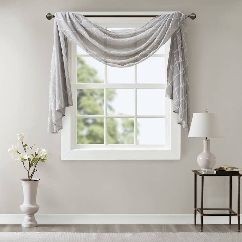 Madison Park Iris Diamond Sheer Embroidered Window Curtain Scarf - 50 x 144" - Grey