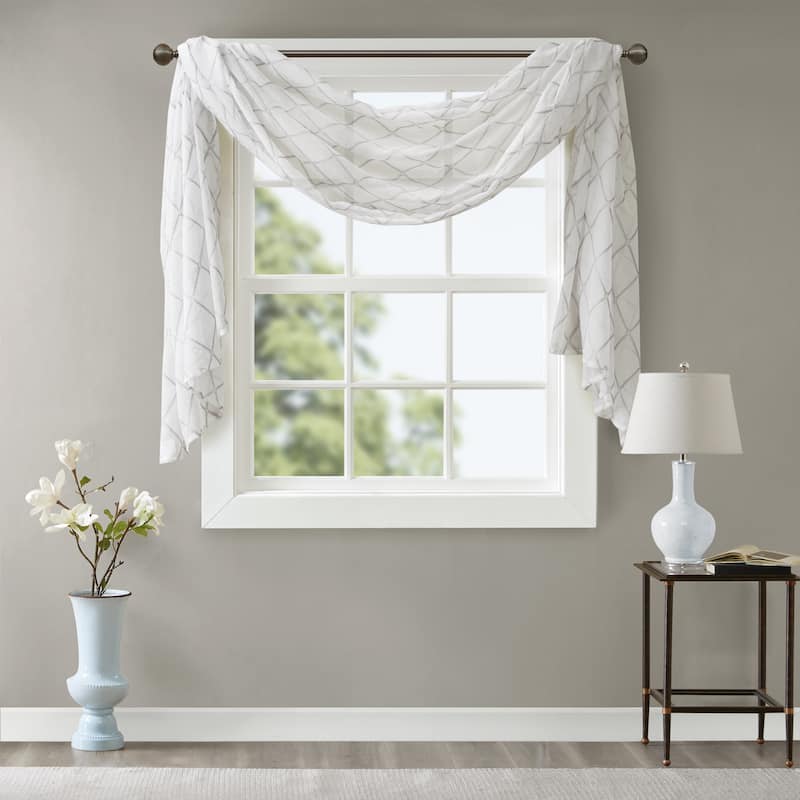 Madison Park Iris Diamond Sheer Embroidered Window Curtain Scarf - 50 x 144" - White/Grey