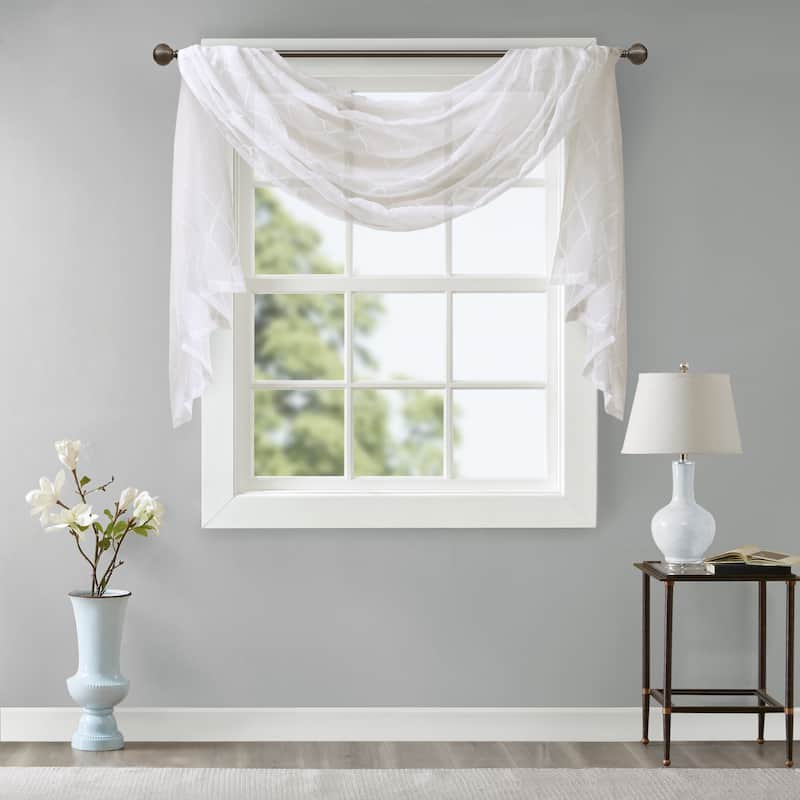 Madison Park Iris Diamond Sheer Embroidered Window Curtain Scarf - 50 x 144" - White