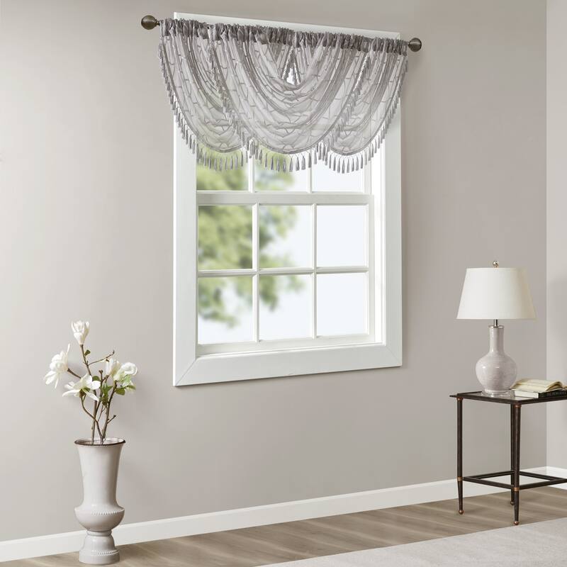 Madison Park Iris Diamond Sheer Embroidered Waterfall Rod Pocket Single Valance - 38 x 46"