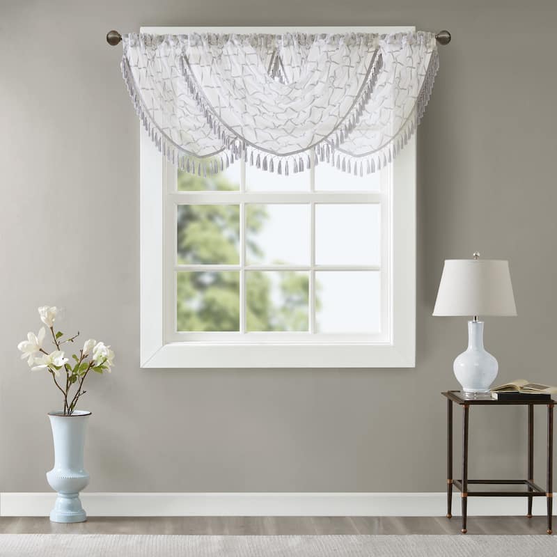 Madison Park Iris Diamond Sheer Embroidered Waterfall Rod Pocket Single Valance - 38 x 46" - White/Grey