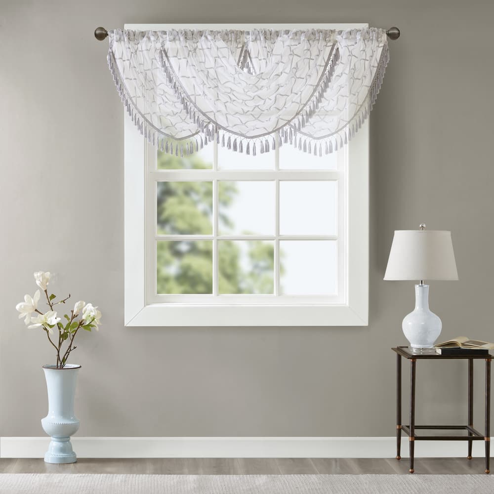 Madison Park Iris Diamond Sheer Embroidered Waterfall Rod Pocket Single Valance - 38 x 46"