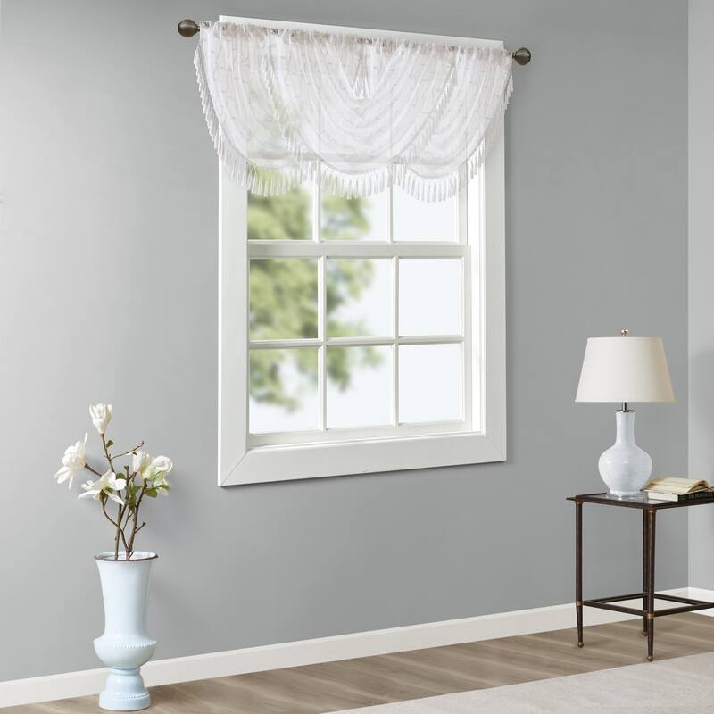 Madison Park Iris Diamond Sheer Embroidered Waterfall Rod Pocket Single Valance - 38 x 46"