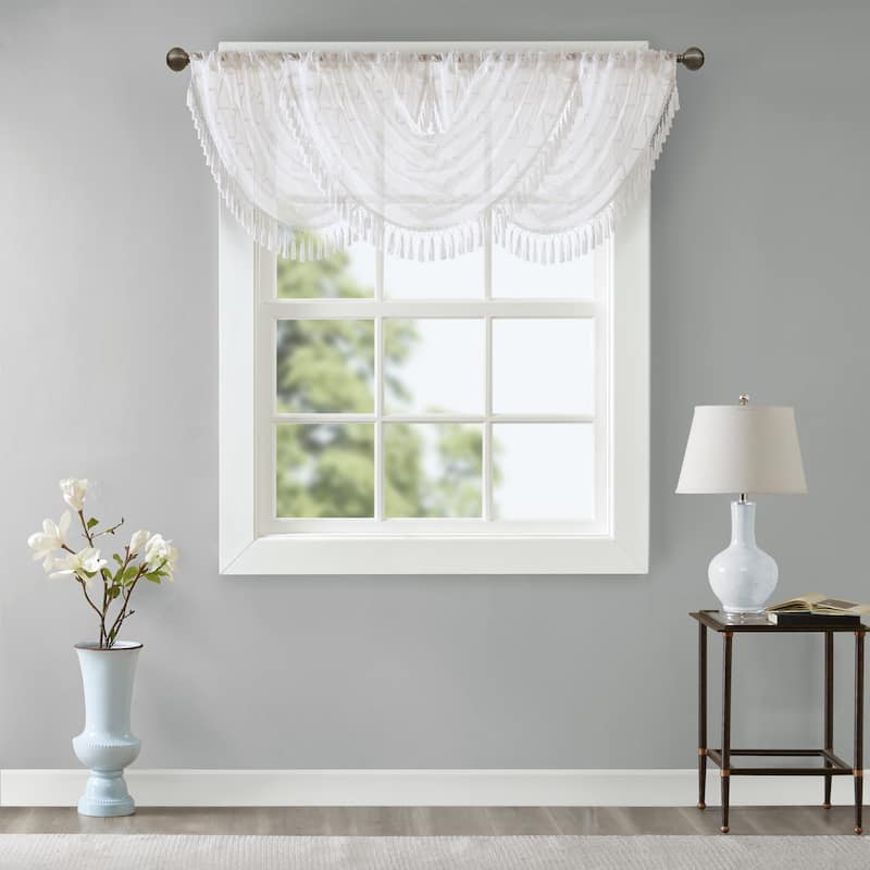 Madison Park Iris Diamond Sheer Embroidered Waterfall Rod Pocket Single Valance - 38 x 46" - White