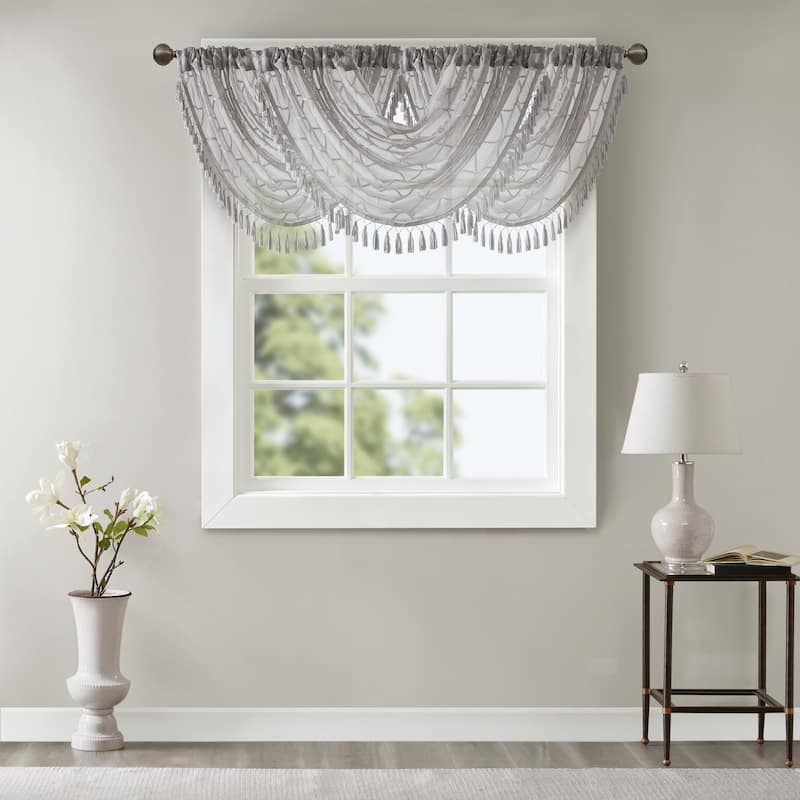 Madison Park Iris Diamond Sheer Embroidered Waterfall Rod Pocket Single Valance - 38 x 46" - Grey