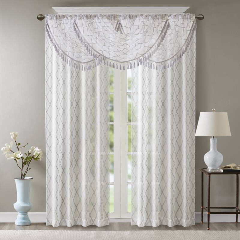 Madison Park Iris Diamond Sheer Embroidered Waterfall Rod Pocket Single Valance - 38 x 46"