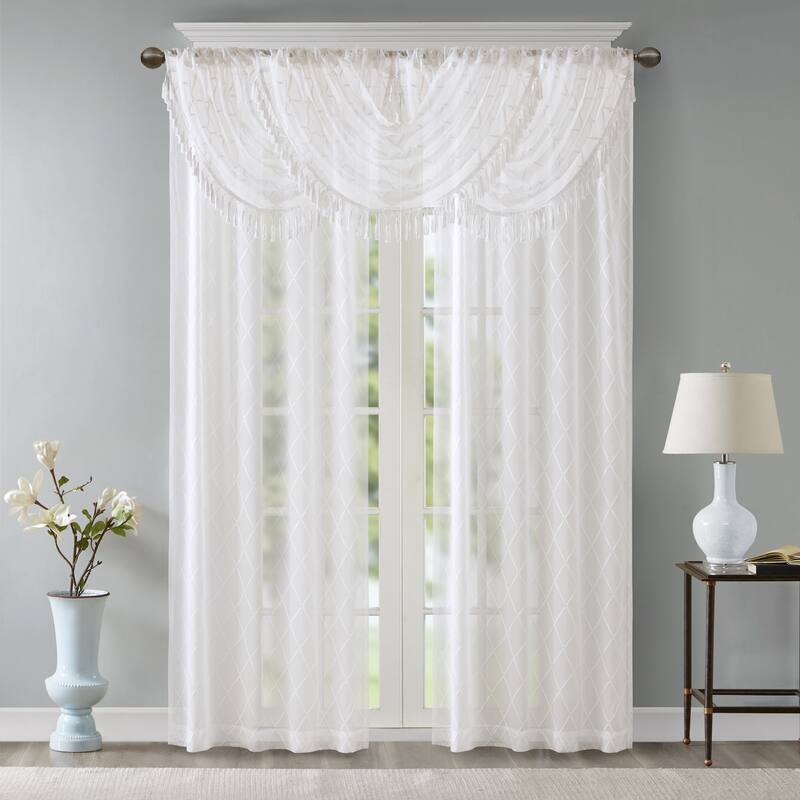Madison Park Iris Diamond Sheer Embroidered Waterfall Rod Pocket Single Valance - 38 x 46"