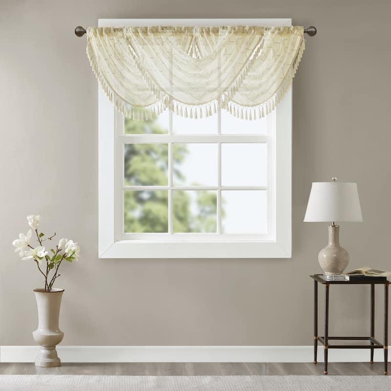Madison Park Iris Diamond Sheer Embroidered Waterfall Rod Pocket Single Valance - 38 x 46" - Ivory