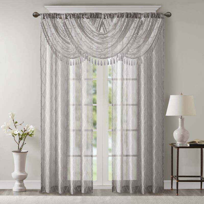 Madison Park Iris Diamond Sheer Embroidered Waterfall Rod Pocket Single Valance - 38 x 46"
