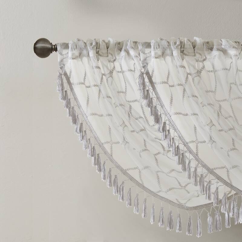 Madison Park Iris Diamond Sheer Embroidered Waterfall Rod Pocket Single Valance - 38 x 46"