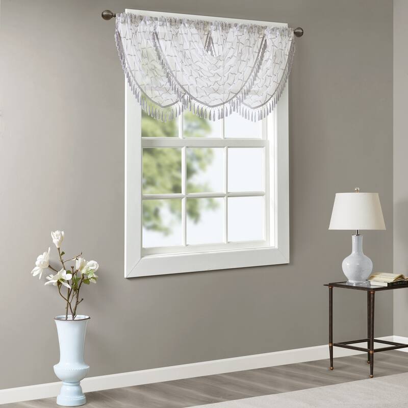 Madison Park Iris Diamond Sheer Embroidered Waterfall Rod Pocket Single Valance - 38 x 46"