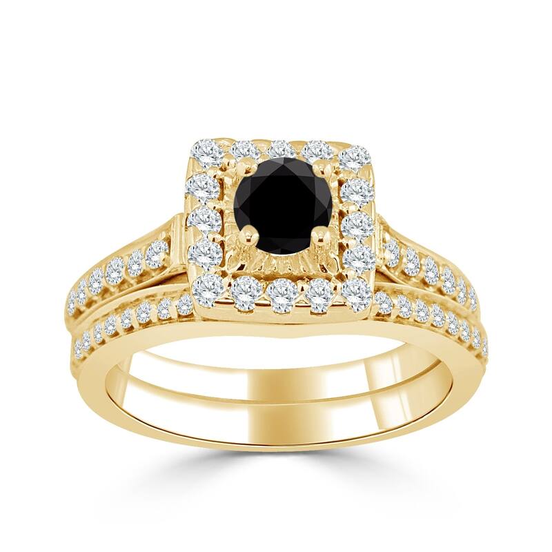 Auriya Round 1ctw Halo Black Diamond Engagement Ring Set 14k Gold