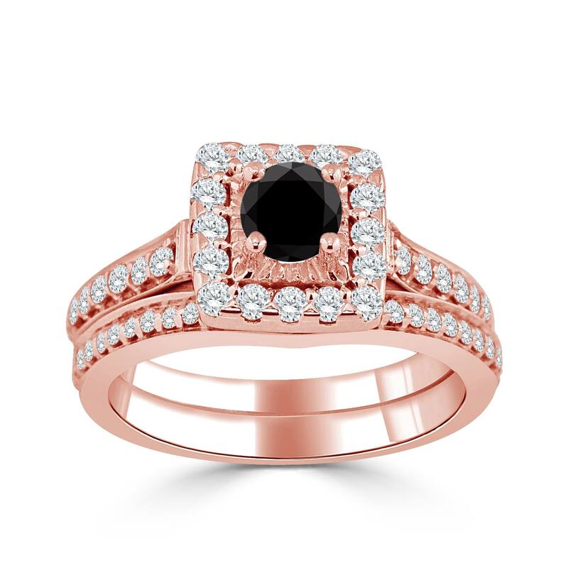 Auriya Round 1ctw Halo Black Diamond Engagement Ring Set 14k Gold