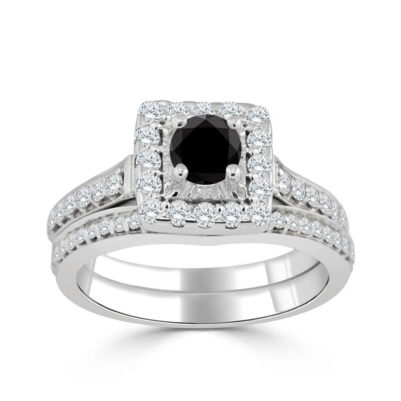 Auriya Round 1ctw Halo Black Diamond Engagement Ring Set 14k Gold