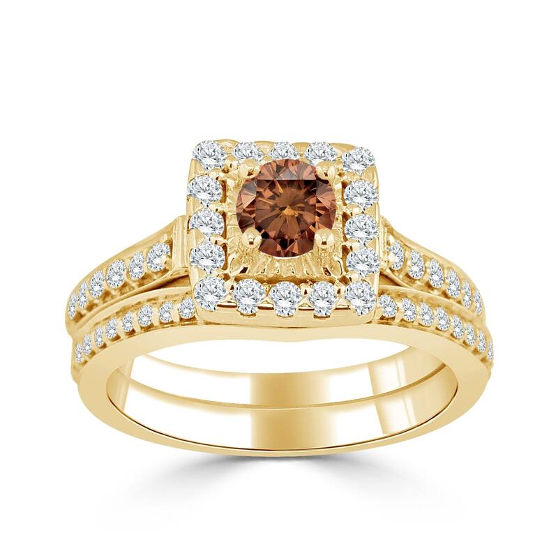 14k Gold Round 1ct TDW Brown Diamond Halo Engagement Ring Set by Auriya