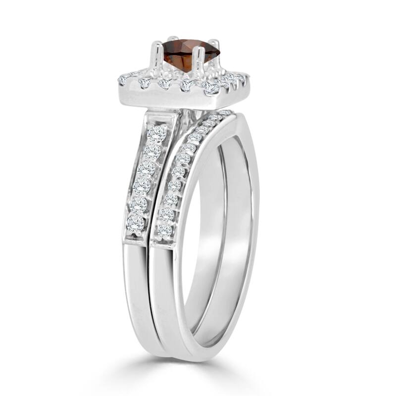 14k Gold Round 1ct TDW Brown Diamond Halo Engagement Ring Set by Auriya