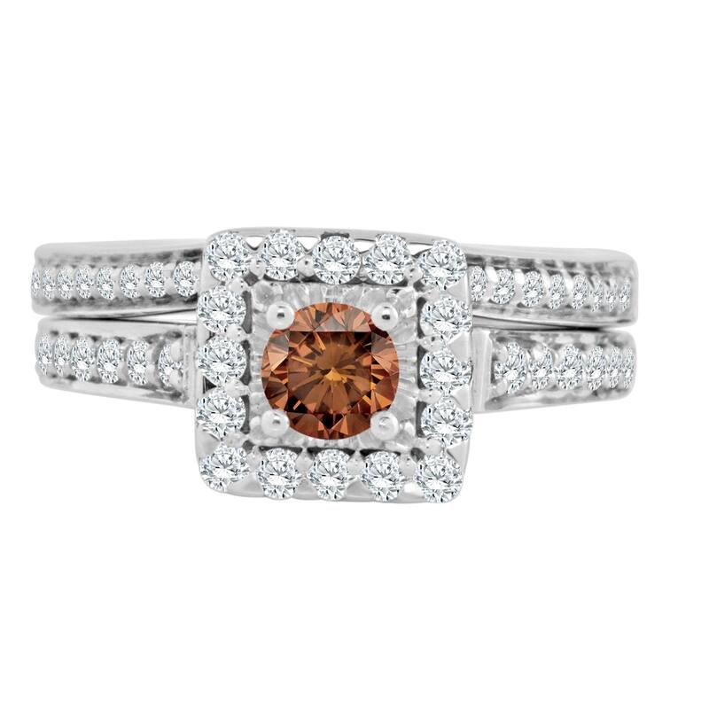 14k Gold Round 1ct TDW Brown Diamond Halo Engagement Ring Set by Auriya