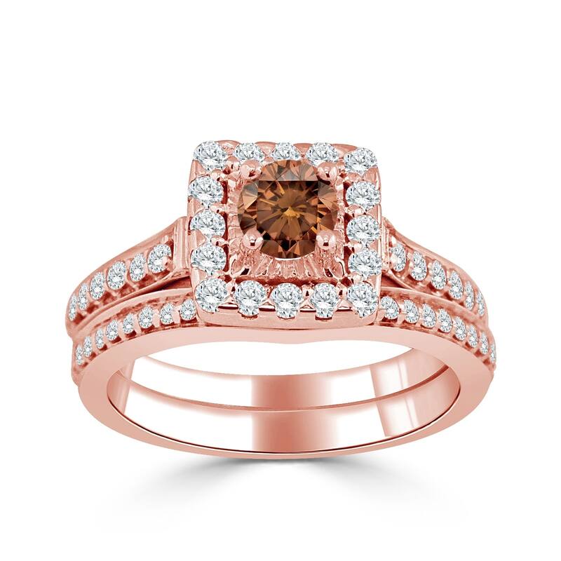 14k Gold Round 1ct TDW Brown Diamond Halo Engagement Ring Set by Auriya