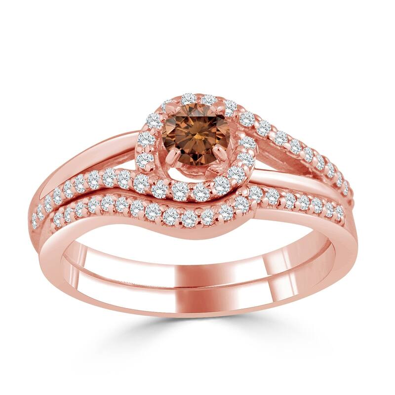 14k Gold Round 1/2ct TDW Brown Diamond Halo Swirl Engagement Ring Set by Auriya