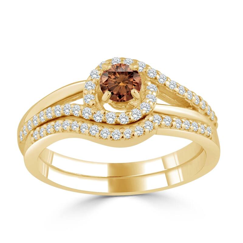 14k Gold Round 1/2ct TDW Brown Diamond Halo Swirl Engagement Ring Set by Auriya