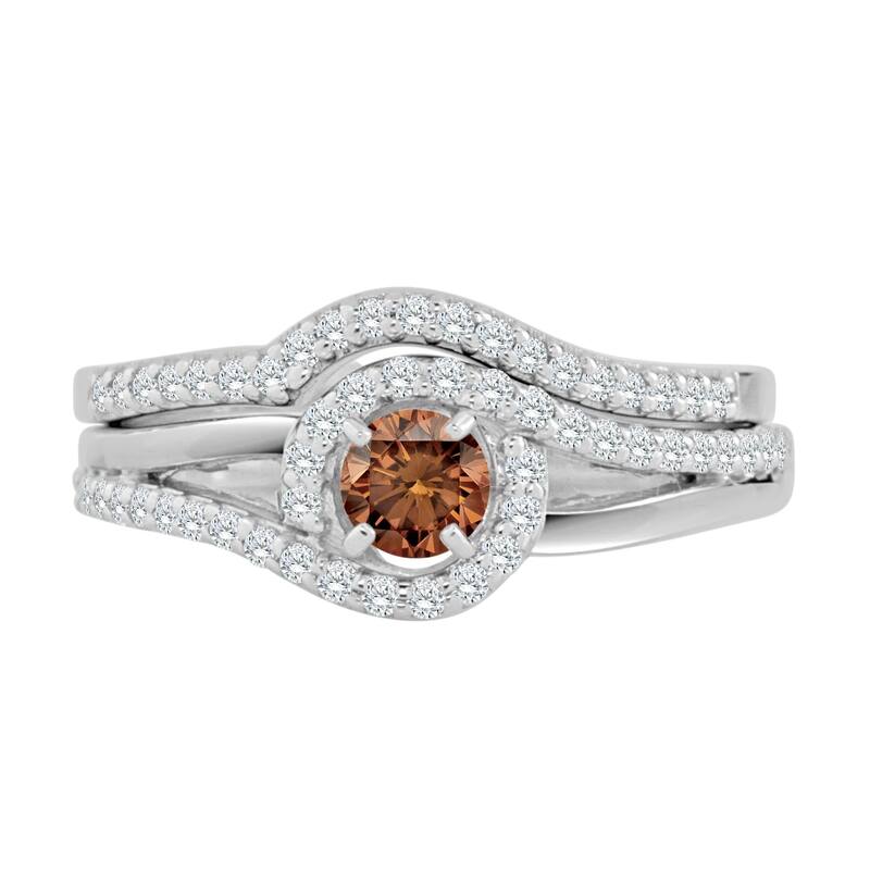 14k Gold Round 1/2ct TDW Brown Diamond Halo Swirl Engagement Ring Set by Auriya