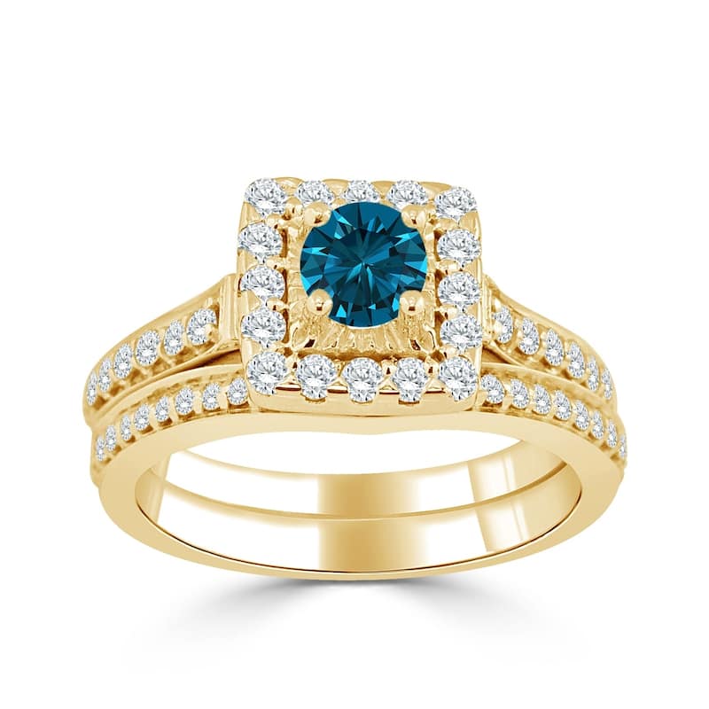 Auriya Round 1ctw Blue Halo Diamond Engagement Ring Set 14k Gold