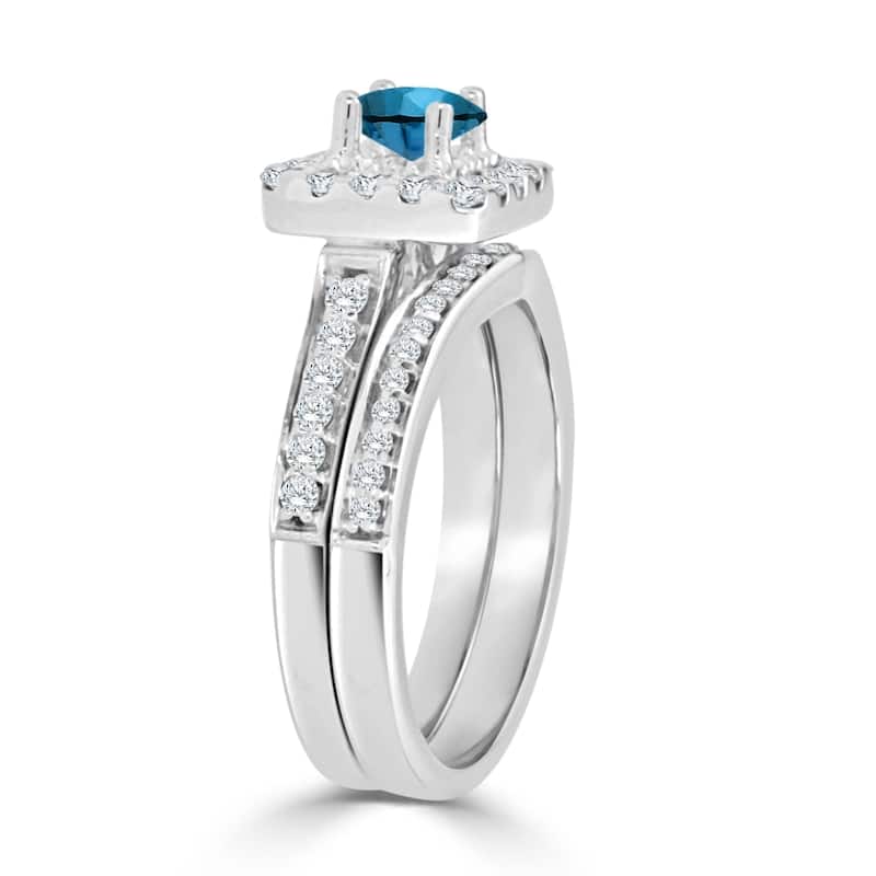 Auriya Round 1ctw Blue Halo Diamond Engagement Ring Set 14k Gold