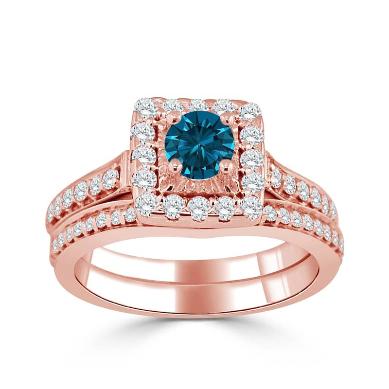 Auriya Round 1ctw Blue Halo Diamond Engagement Ring Set 14k Gold