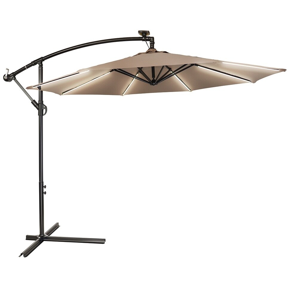 Shop Black Friday Deals On 9 Deluxe Offset Patio Umbrella With Solar Strip Lighting By Trademark Innovations Tan Overstock 17652863